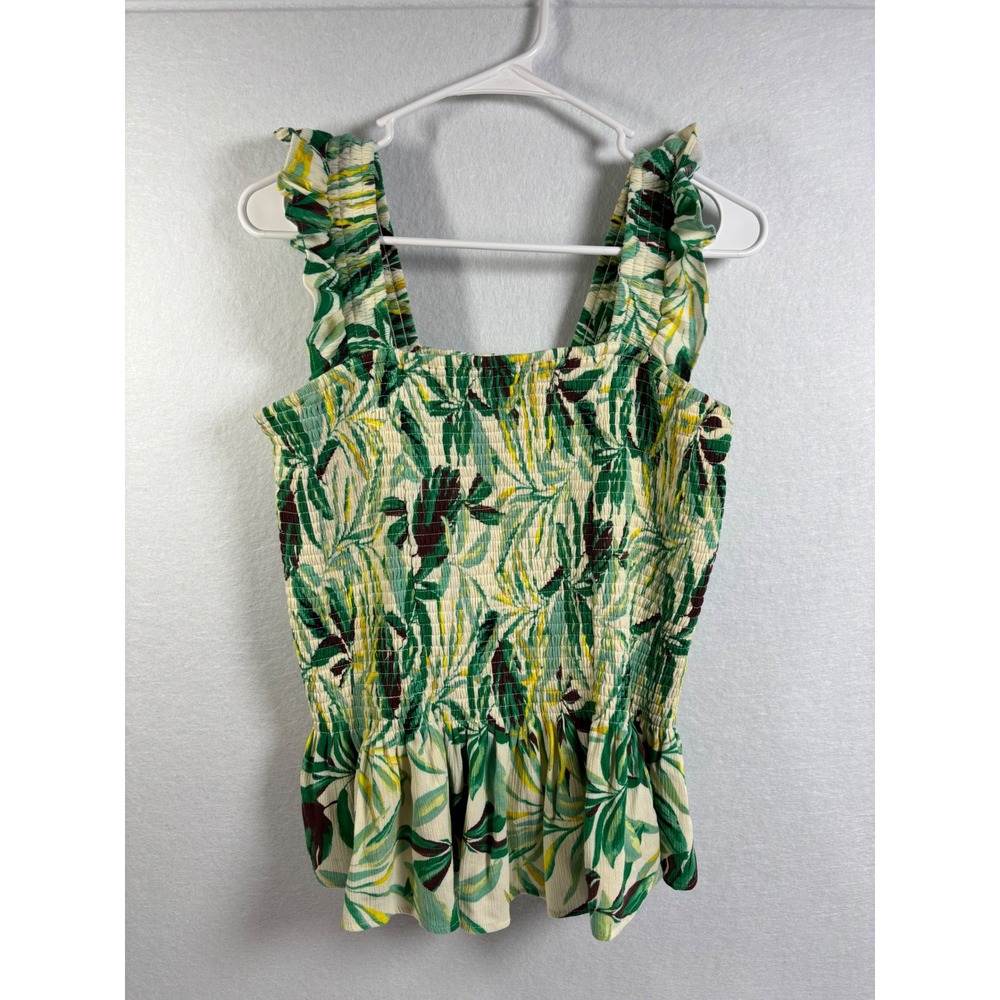Torrid Peplum Top Womens 1 Green Tropical Palm Rayon Smocked Ruffle Boho Coastal